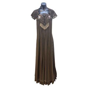 BCBG Maxazria Runway Vintage-Inspired Brown Pleated Maxi Dress w/Intricate Cutou